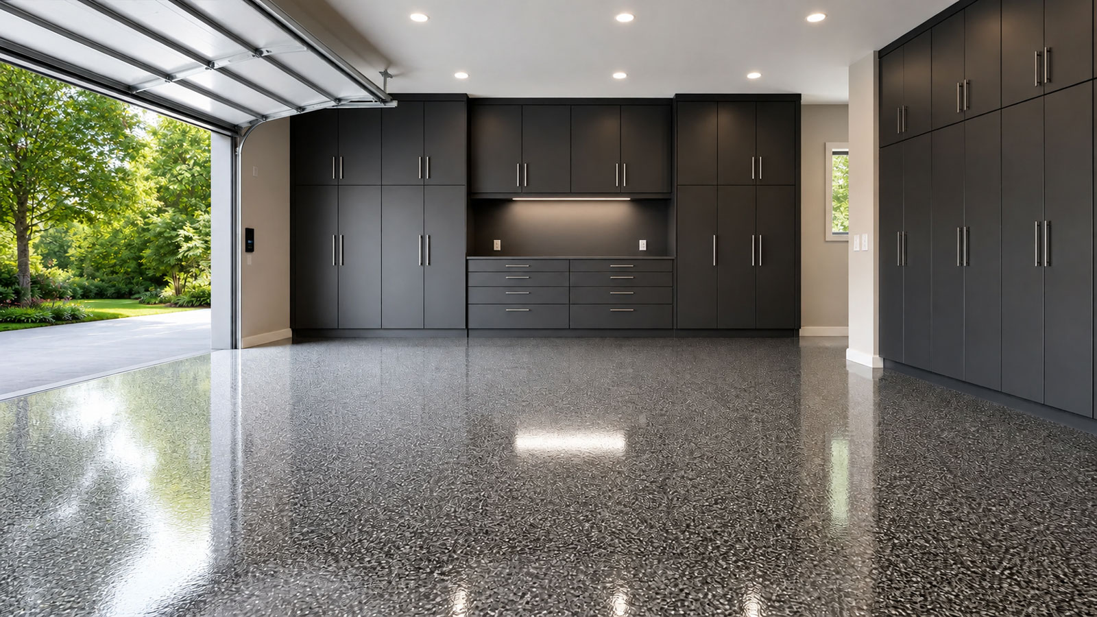 Finished garage floor in a leafy eastern-deciduous setting